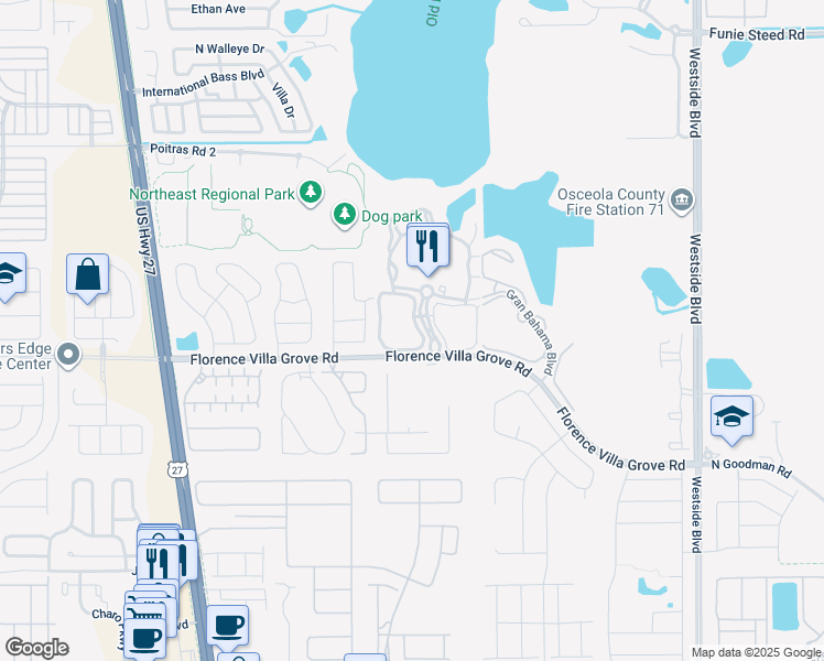 map of restaurants, bars, coffee shops, grocery stores, and more near 606 Lucaya Loop in Davenport