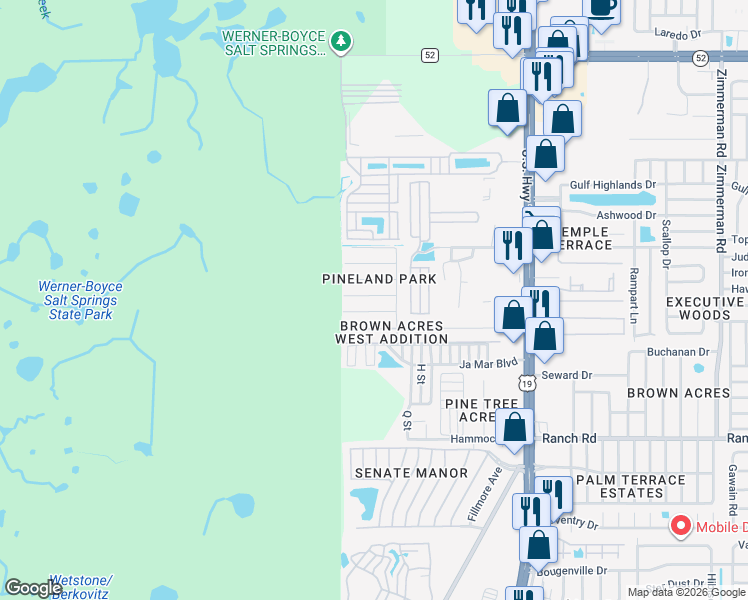 map of restaurants, bars, coffee shops, grocery stores, and more near 6604 Cathy Drive in Port Richey