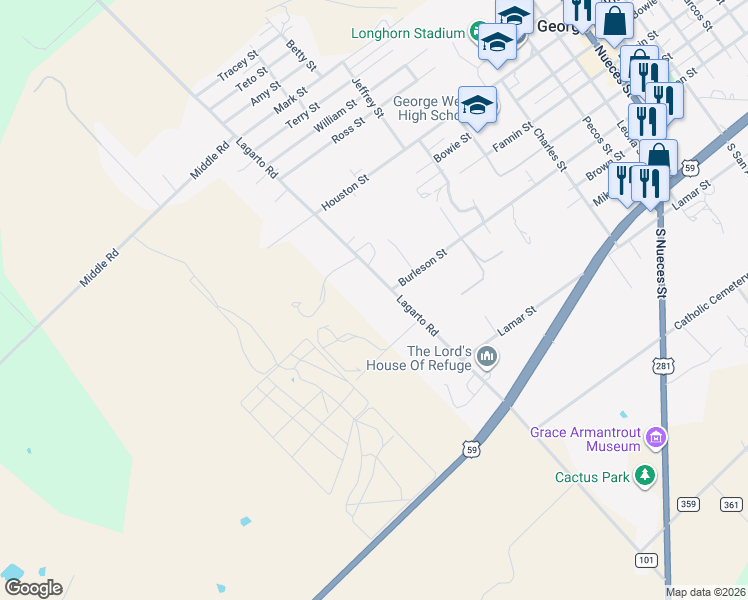 map of restaurants, bars, coffee shops, grocery stores, and more near 105 Lagarto Road in George West