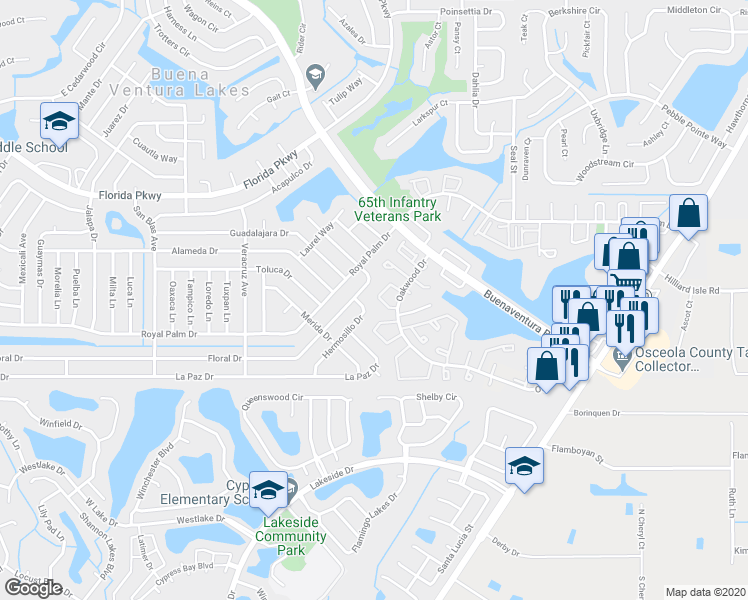 map of restaurants, bars, coffee shops, grocery stores, and more near 46 Silver Oak Circle in Kissimmee