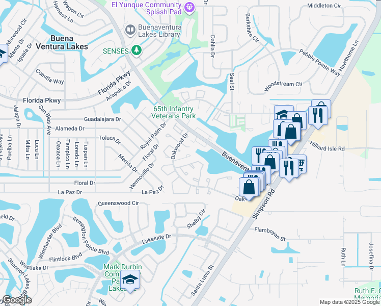 map of restaurants, bars, coffee shops, grocery stores, and more near 23 Lago Mesa Way in Kissimmee