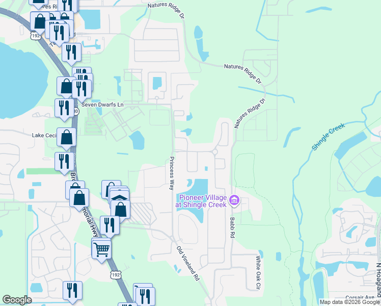 map of restaurants, bars, coffee shops, grocery stores, and more near 2545 Dharma Circle in Kissimmee