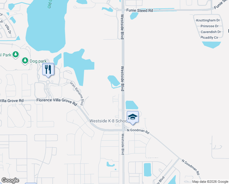 map of restaurants, bars, coffee shops, grocery stores, and more near Santorini Drive in Davenport