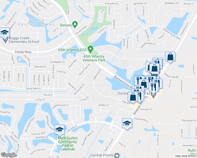 map of restaurants, bars, coffee shops, grocery stores, and more near 46 Lago Mesa Way in Kissimmee