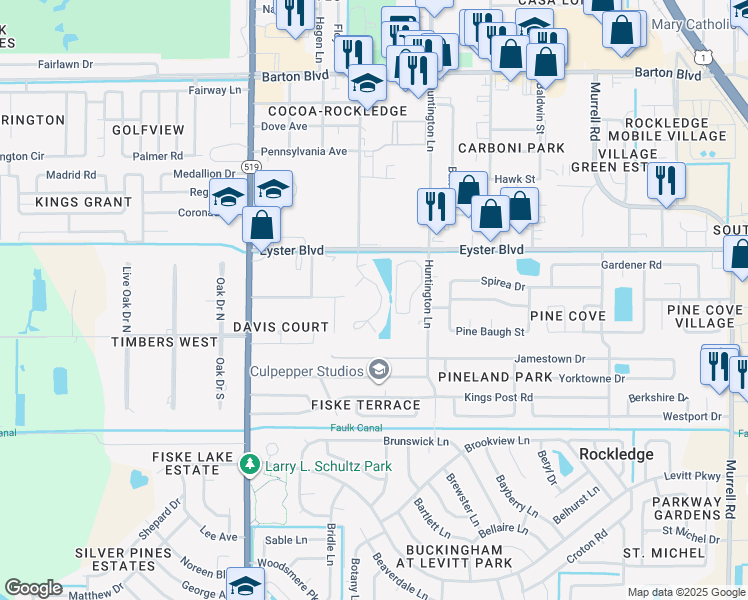 map of restaurants, bars, coffee shops, grocery stores, and more near 1917 Woodhaven Circle in Rockledge
