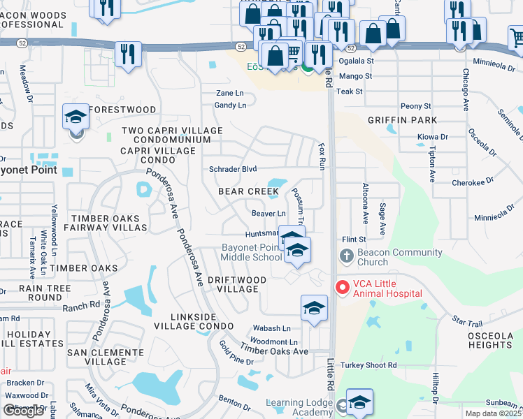 map of restaurants, bars, coffee shops, grocery stores, and more near 11304 Brown Bear Lane in Port Richey