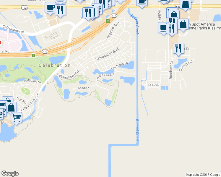 map of restaurants, bars, coffee shops, grocery stores, and more near 234 Acadia Terrace in Kissimmee