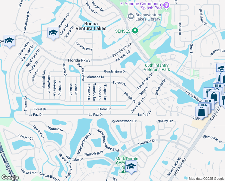 map of restaurants, bars, coffee shops, grocery stores, and more near 103 Veracruz Avenue in Kissimmee
