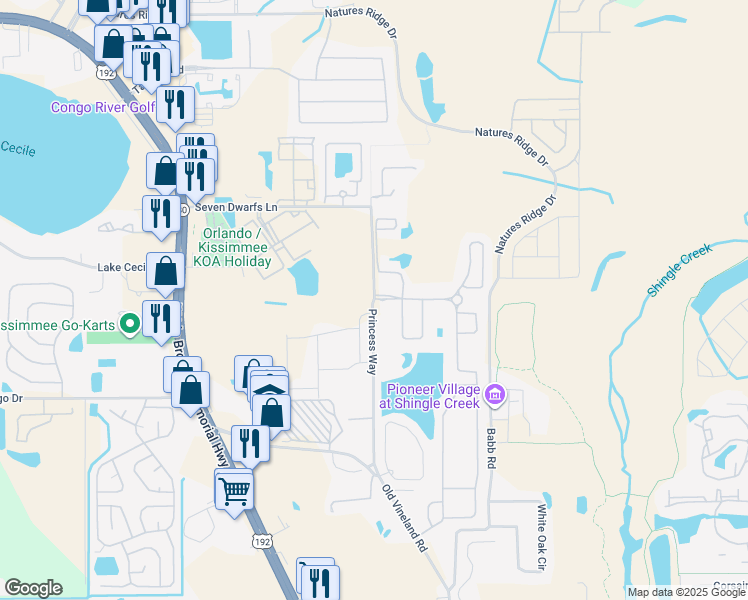 map of restaurants, bars, coffee shops, grocery stores, and more near 2600 Princess Way in Kissimmee