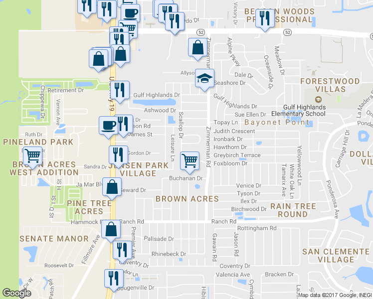 map of restaurants, bars, coffee shops, grocery stores, and more near 7331 Executive Woods Court in Port Richey