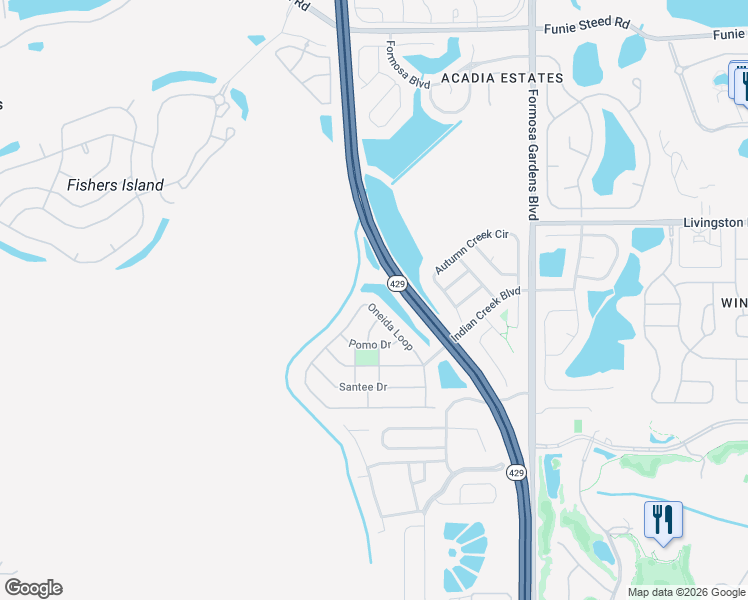 map of restaurants, bars, coffee shops, grocery stores, and more near 2539 Oneida Loop in Kissimmee