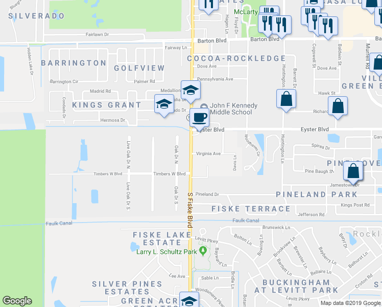 map of restaurants, bars, coffee shops, grocery stores, and more near 2243 South Fiske Boulevard in Rockledge