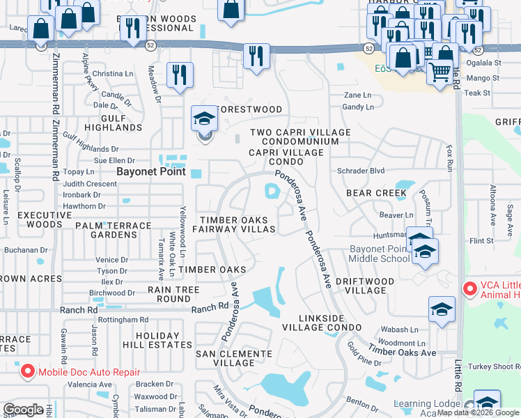 map of restaurants, bars, coffee shops, grocery stores, and more near 11410 Carriage Hill Drive in Port Richey