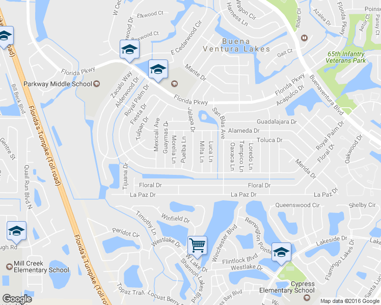 map of restaurants, bars, coffee shops, grocery stores, and more near 115 Puelba Lane in Kissimmee