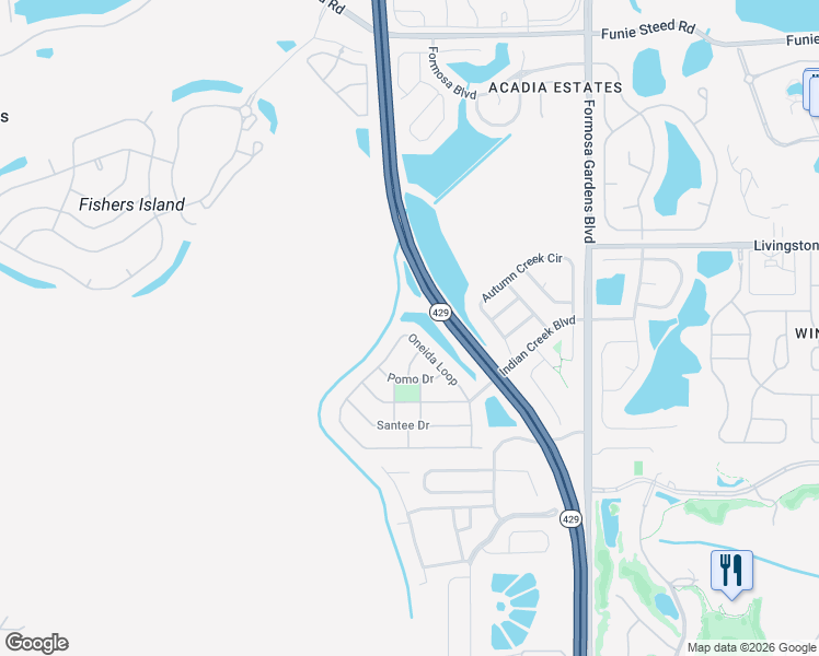 map of restaurants, bars, coffee shops, grocery stores, and more near 2539 Oneida Loop in Kissimmee