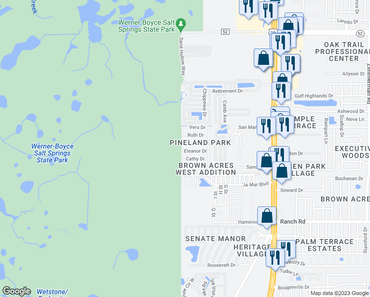map of restaurants, bars, coffee shops, grocery stores, and more near 6507 Eleanor Drive in Port Richey