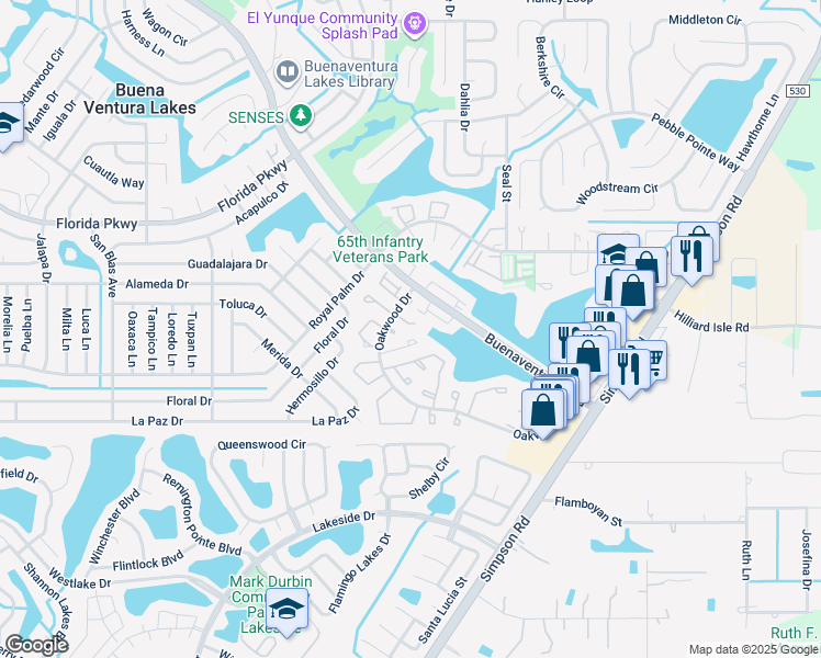 map of restaurants, bars, coffee shops, grocery stores, and more near 37 Laguna Pointe Way in Kissimmee