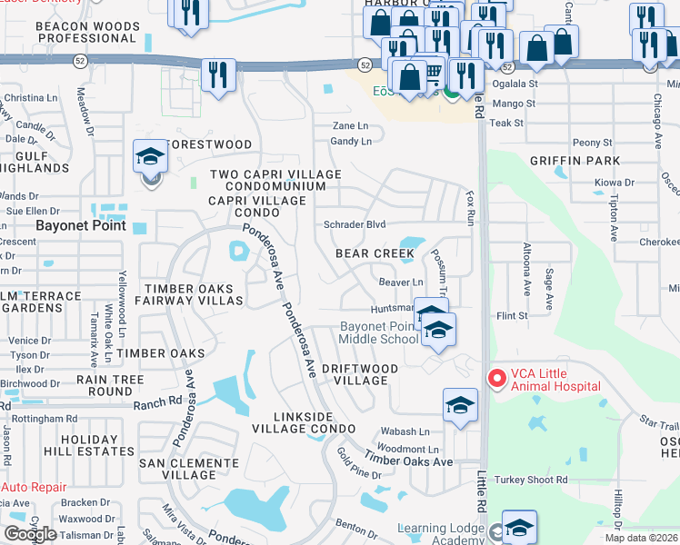 map of restaurants, bars, coffee shops, grocery stores, and more near 8602 Vixin Lane in Port Richey