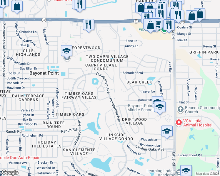 map of restaurants, bars, coffee shops, grocery stores, and more near 11407 Versailles Lane in Port Richey