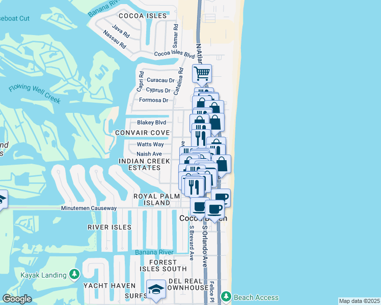 map of restaurants, bars, coffee shops, grocery stores, and more near 237 Woodland Avenue in Cocoa Beach
