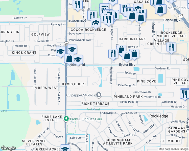 map of restaurants, bars, coffee shops, grocery stores, and more near 1909 Woodhaven Circle in Rockledge