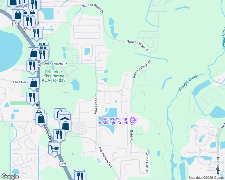map of restaurants, bars, coffee shops, grocery stores, and more near 2603 Santosh Cove in Kissimmee