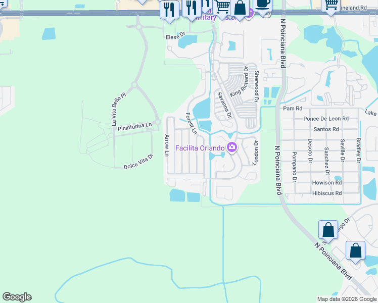 map of restaurants, bars, coffee shops, grocery stores, and more near 540 Squire Lane in Kissimmee