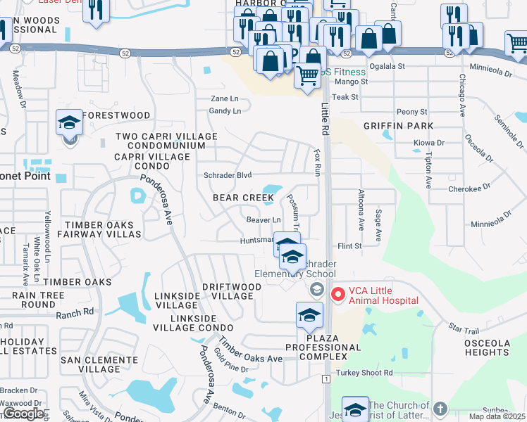 map of restaurants, bars, coffee shops, grocery stores, and more near 8727 Wolf Den Trail in Port Richey