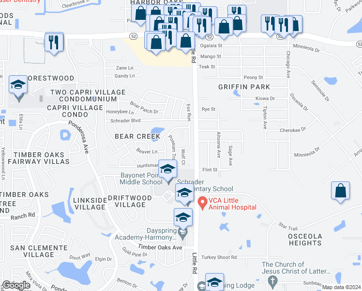 map of restaurants, bars, coffee shops, grocery stores, and more near 11319 Fox Run in Port Richey