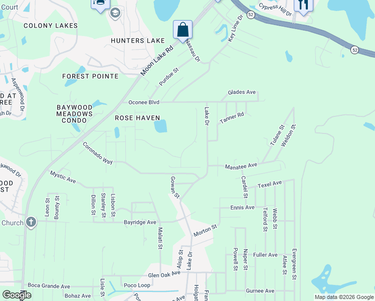 map of restaurants, bars, coffee shops, grocery stores, and more near 11321 Lake Drive in New Port Richey