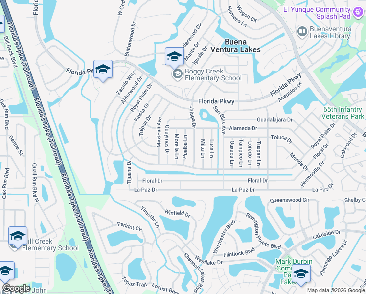 map of restaurants, bars, coffee shops, grocery stores, and more near 124 Puelba Lane in Kissimmee