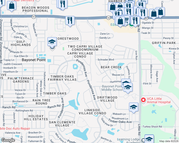 map of restaurants, bars, coffee shops, grocery stores, and more near 11407 Versailles Lane in Port Richey