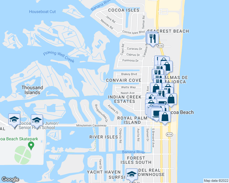 map of restaurants, bars, coffee shops, grocery stores, and more near 490 Naish Avenue in Cocoa Beach