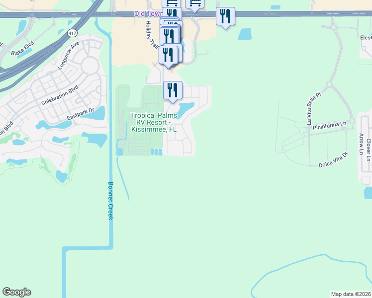 map of restaurants, bars, coffee shops, grocery stores, and more near 2634 Corvette Lane in Kissimmee