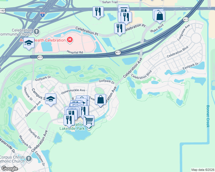map of restaurants, bars, coffee shops, grocery stores, and more near 502 Golfpark Drive in Kissimmee