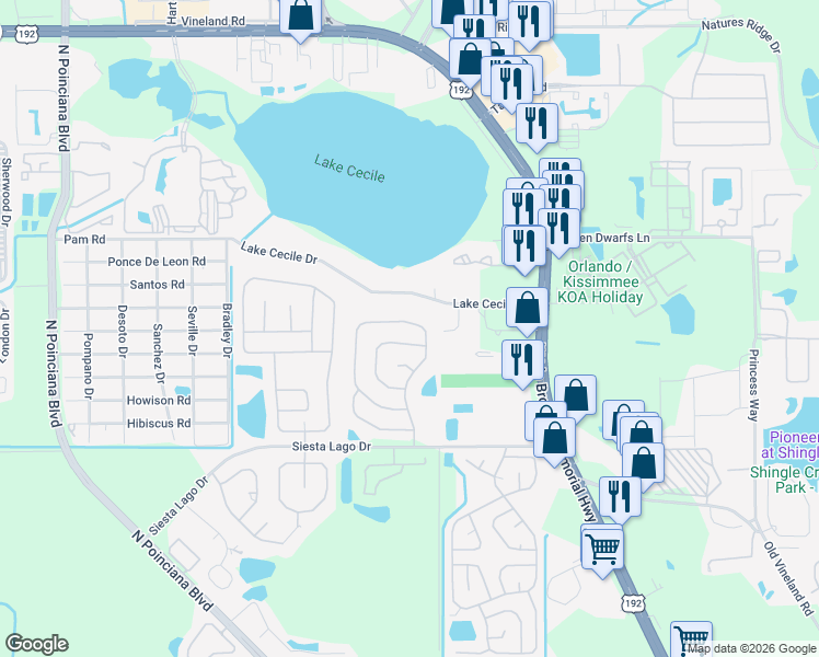 map of restaurants, bars, coffee shops, grocery stores, and more near 2581 Montego Bay Boulevard in Kissimmee