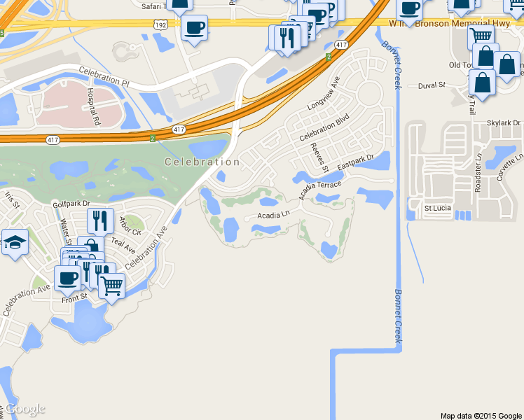 map of restaurants, bars, coffee shops, grocery stores, and more near 311 Acadia Lane in Kissimmee