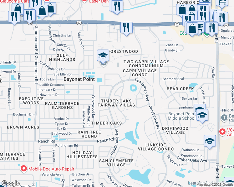 map of restaurants, bars, coffee shops, grocery stores, and more near 8150 Braddock Circle in Port Richey