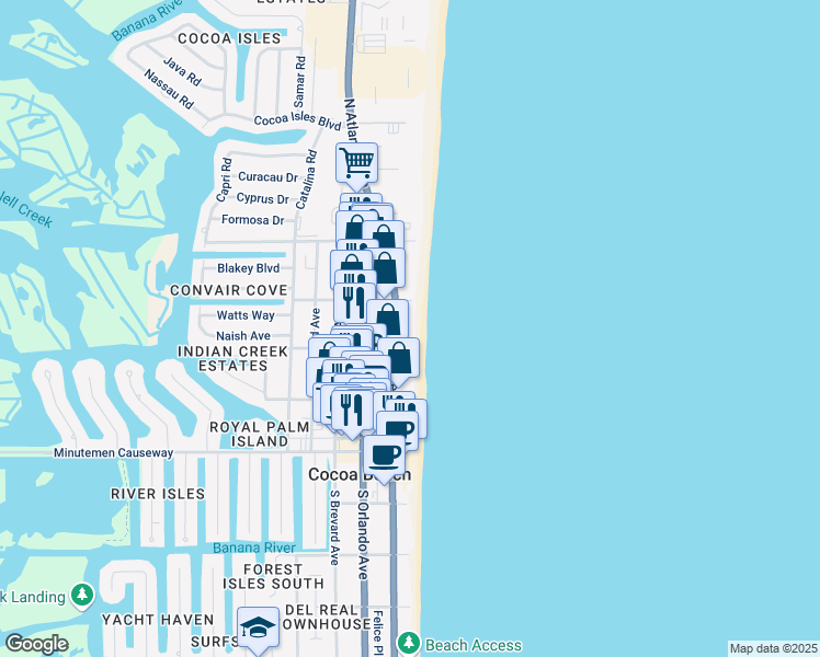map of restaurants, bars, coffee shops, grocery stores, and more near 225 North Atlantic Avenue in Cocoa Beach