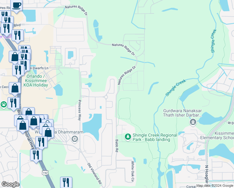 map of restaurants, bars, coffee shops, grocery stores, and more near 2907 Babb Road in Kissimmee