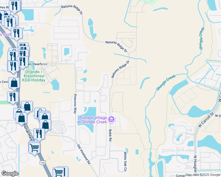 map of restaurants, bars, coffee shops, grocery stores, and more near 2651 Babb Road in Kissimmee