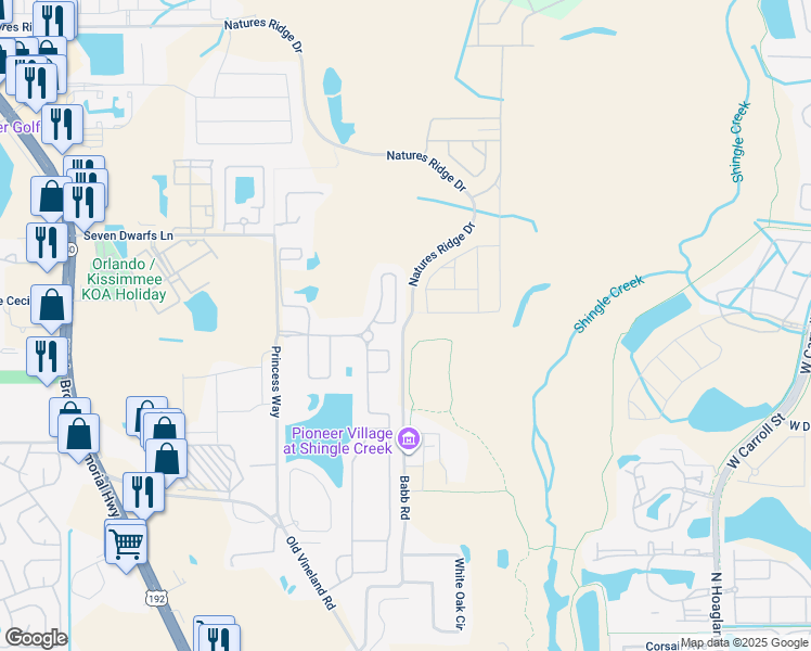 map of restaurants, bars, coffee shops, grocery stores, and more near 2485 Babb Road in Kissimmee