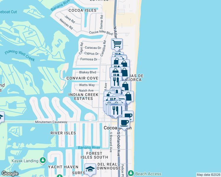 map of restaurants, bars, coffee shops, grocery stores, and more near 222 North Brevard Avenue in Cocoa Beach