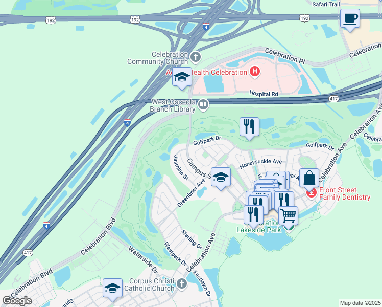 map of restaurants, bars, coffee shops, grocery stores, and more near 901 Jasmine Street in Kissimmee