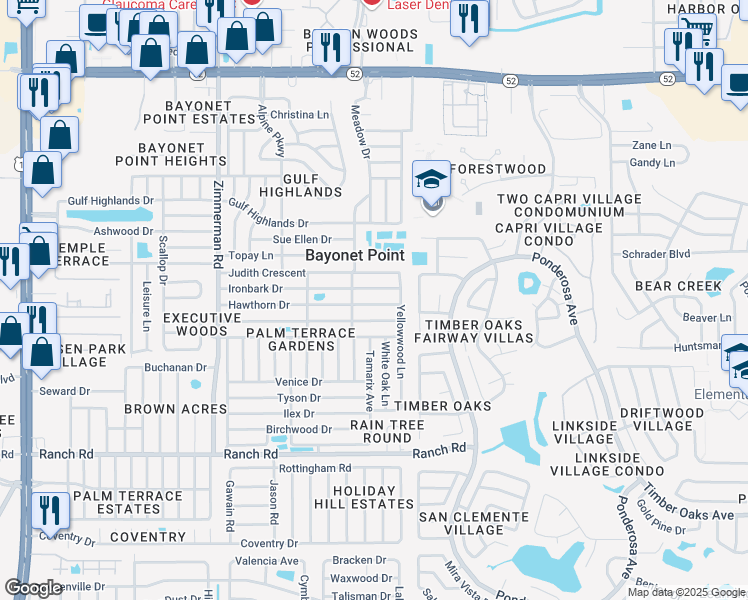 map of restaurants, bars, coffee shops, grocery stores, and more near 7901 Hawthorn Drive in Port Richey