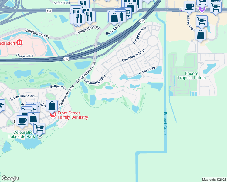 map of restaurants, bars, coffee shops, grocery stores, and more near 301 Acadia Lane in Kissimmee