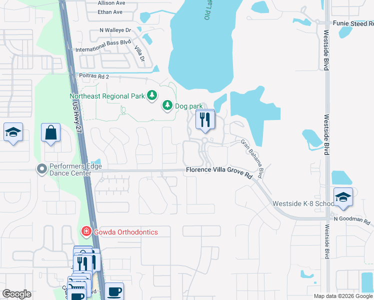 map of restaurants, bars, coffee shops, grocery stores, and more near 210 Lucaya Loop in Davenport