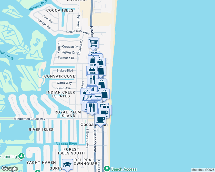 map of restaurants, bars, coffee shops, grocery stores, and more near 225 North Atlantic Avenue in Cocoa Beach