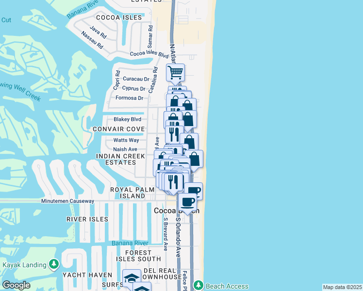 map of restaurants, bars, coffee shops, grocery stores, and more near 249 North Orlando Avenue in Cocoa Beach