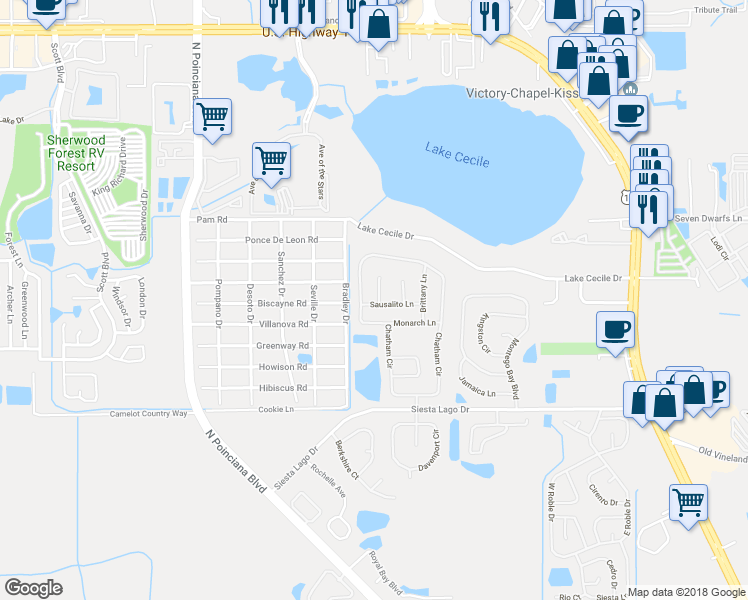 map of restaurants, bars, coffee shops, grocery stores, and more near 2603 Avondale Court in Kissimmee